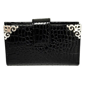 Brighton Black Leather Wallet Moc Croc Textured Card ID Bifold Coin Purse Silver